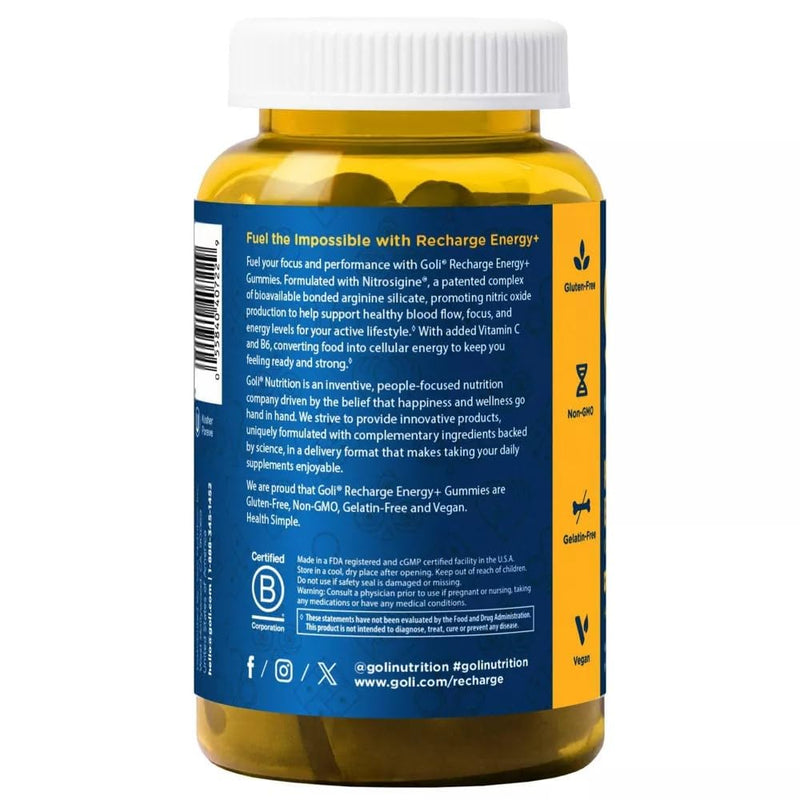 Goli Recharge Energy+ Gummies | Fuel Your Focus and Performance | Gelatin-Free, Gluten-Free, Vegan & Non-GMO | 60 Gummies