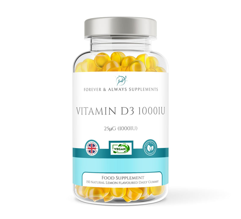 Vitamin D3 1000iu / 25μg - 12+ Years 150 x High Strength Lemon Flavour Gummies - 5 Months Supply - Vitamin D Supplement Teeth, Bone, Muscles & Immune System Support