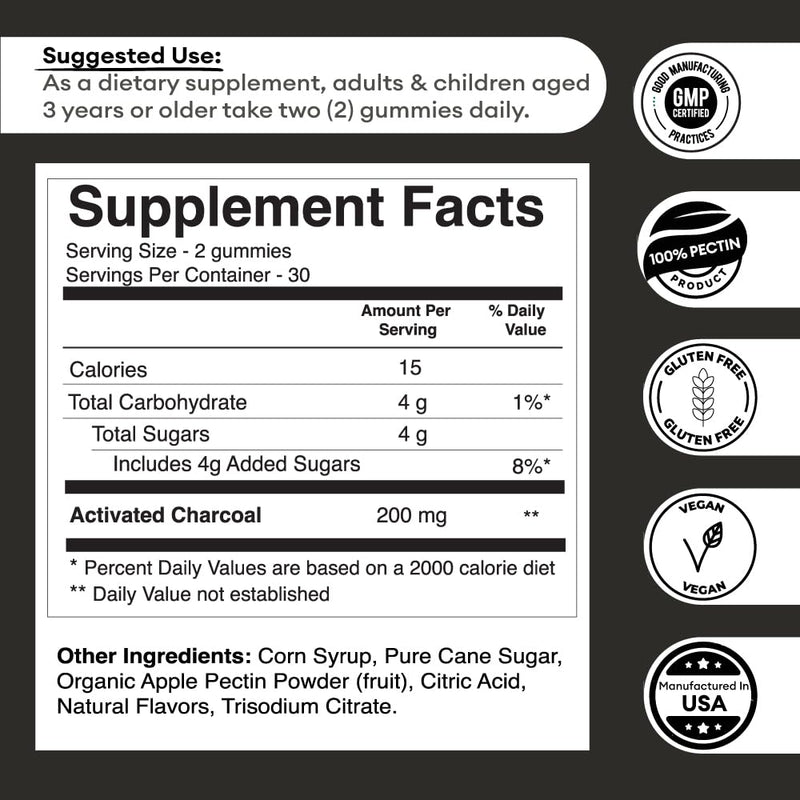 [Australia] - Premium Grade Activated Charcoal Gummies - Coconut Charcoal Supplements for Detox Support, Oral Health, Stomach & Digestion - Safe for Kids - No Bloat Vegan Gummy - Natural Acai Flavor (60 Count) 
