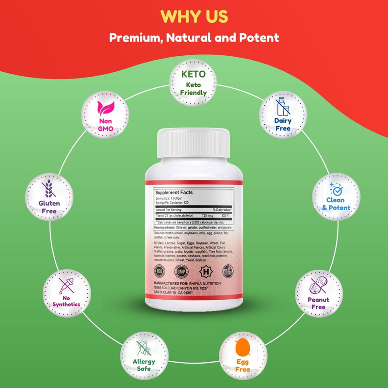 SHIFAA NUTRITION Halal Vitamin D, Halal Vitamin D3, 5000 IU Softgels, 120 Servings. Non-GMO, Gluten-Free, Supports: Structure, Bones, Teeth, Heart, Muscle & Immune Functions
