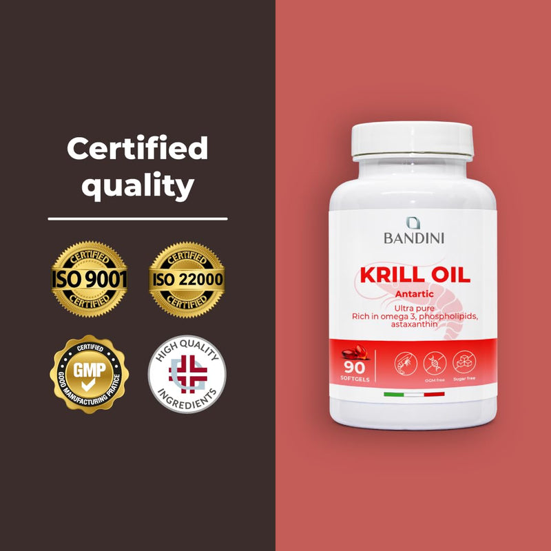 Bandini® Antarctic Krill Oil | 1000mg Pure Red Krill Oil, 155mg EPA and DHA, 400mg Marine Phospholipids, Source of Astaxanthin and Omega 3 | 100% Natural, Laboratory Tested | 90 Softgels