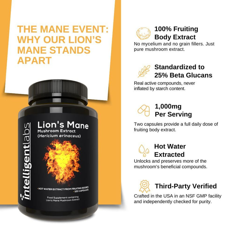 Intelligent Labs Lion’s Mane Mushroom Extract, from the Fruiting Bodies of Hericium Erinaceus, 1000mg per Serving, 120 Capsules, Mycelium and Grain-Free