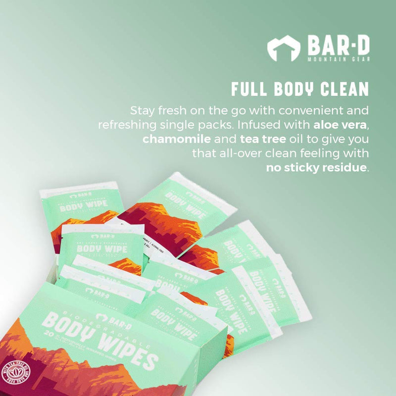 [Australia] - Bar-D Cleansing Face & Body Wipes for Women and Men - Individually Wrapped Biodegradable Shower Wipes with Tea Tree Oil & Aloe Vera (20 Count/Box) 20 Count (Pack of 1) 