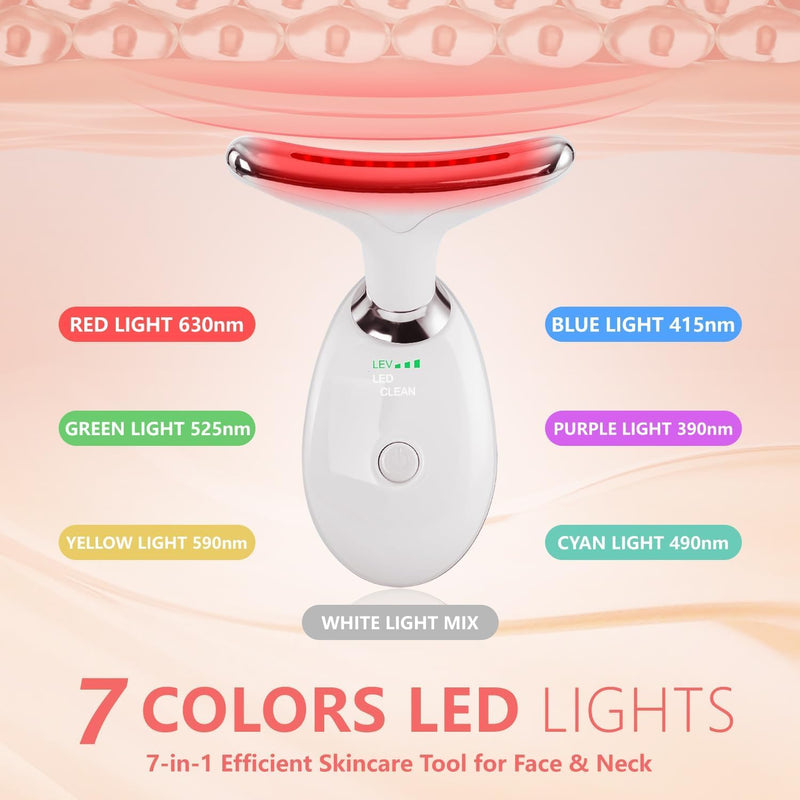 2025 New Face and Neck Massager Tool, 7 Colors LED Womens Skin Care Facial Massager for Skin Rejuvenation, Lifting, Toning, Glow Boost-White White