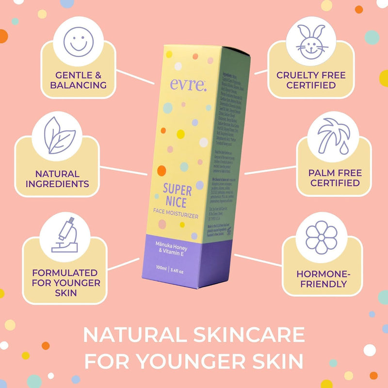 Evre Super Nice Face Moisturizer for Teen Girls | 3.4 fl oz - With Manuka Honey & Vitamin E