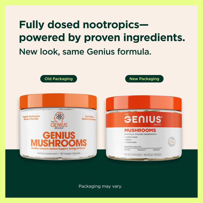 [Australia] - Genius Mushroom Supplement - Full-Spectrum Lion‚Äôs Mane, Cordyceps, Reishi -Daily Brain Nootropic for Energy, Focus, Memory & Overall Wellness - 180 Capsules ‚Äì Organic for Mental Clarity & Performance 