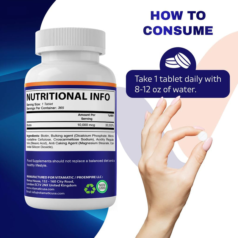 Vitamatic Biotin 10,000 mcg for Stronger Hair, Skin & Nails - 365 Vegan Tablets- Also Called Vitamin B7