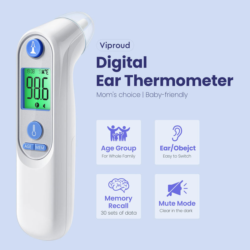 [Australia] - Ear Thermometer, Digital Ear Thermometer for Kids and Adults, High Accuracy Baby Thermometer with 1s Result, 3-Color Coded and 30 Memory Recall, Easy to Use, with 21 Disposable Probe Covers White 