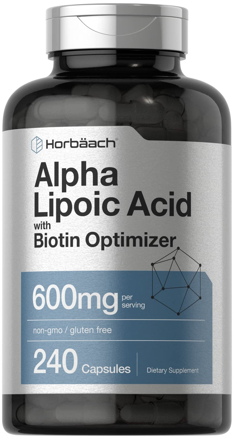 Horbäach Alpha Lipoic Acid 600mg | 240 Capsules | with Biotin Optimizer | Non-GMO and Gluten Free Supplement 240 Count (Pack of 1)