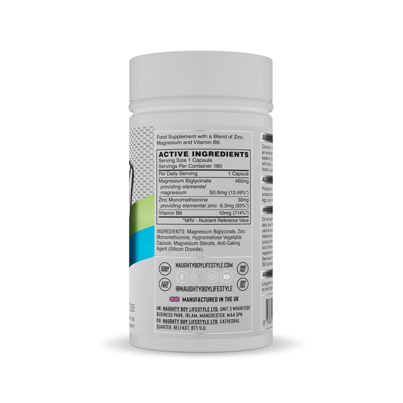 Naughty Boy ZM500, Premium Zinc, Magensium Bisglycinate and Vitamin B6. Ultra Bioavailability, High Potency. 500mg Per Capsule 180 Capsules (6 Month Supply)