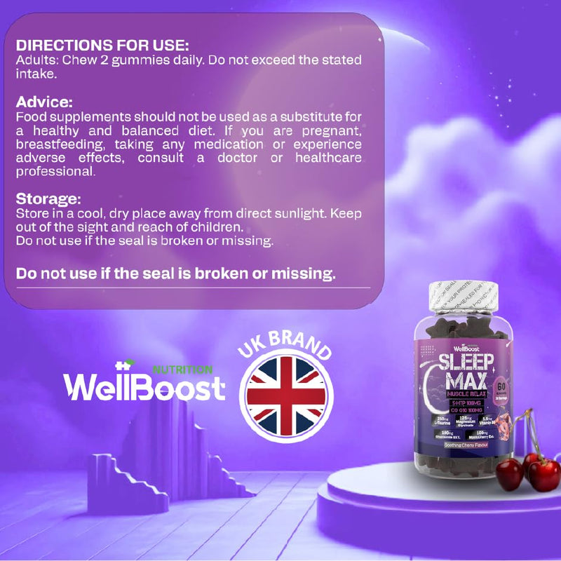 Sleep Max 5 HTP, Co Q10, L-Taurine, Magnesium, Chamomile Extract, Mont Cherry Extract and Vitamin B6 with Soothing Cherry Flavour Gummies