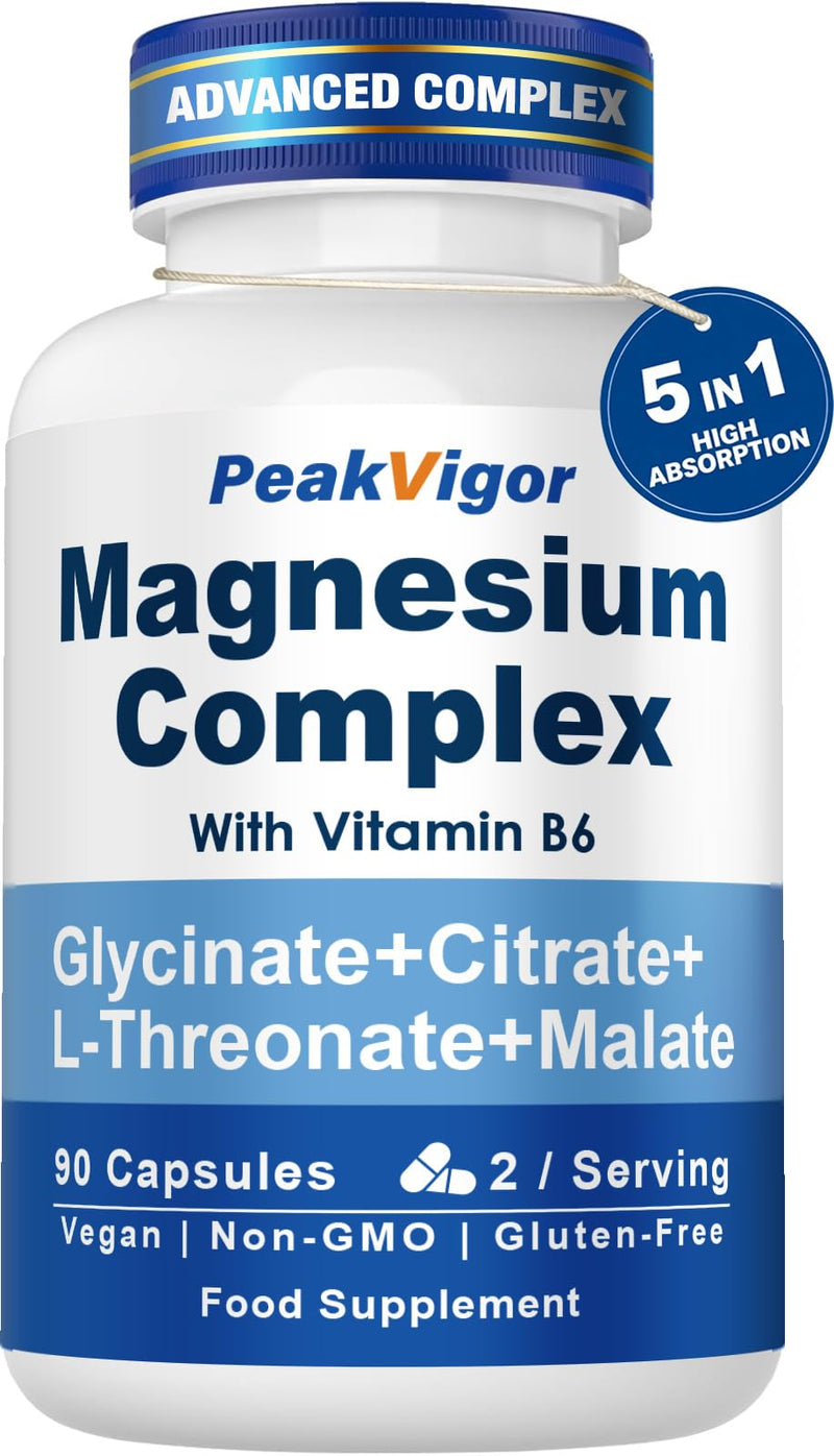 Magnesium Glycinate for Sleep, Extra Strength for Calm, 5-in-1 Complex Supplements as Glycinate, Citrate, Malate & L-Threonate with Vitamin B6, Ease of Swallow, High Absorption, 90 Vegan Capsules