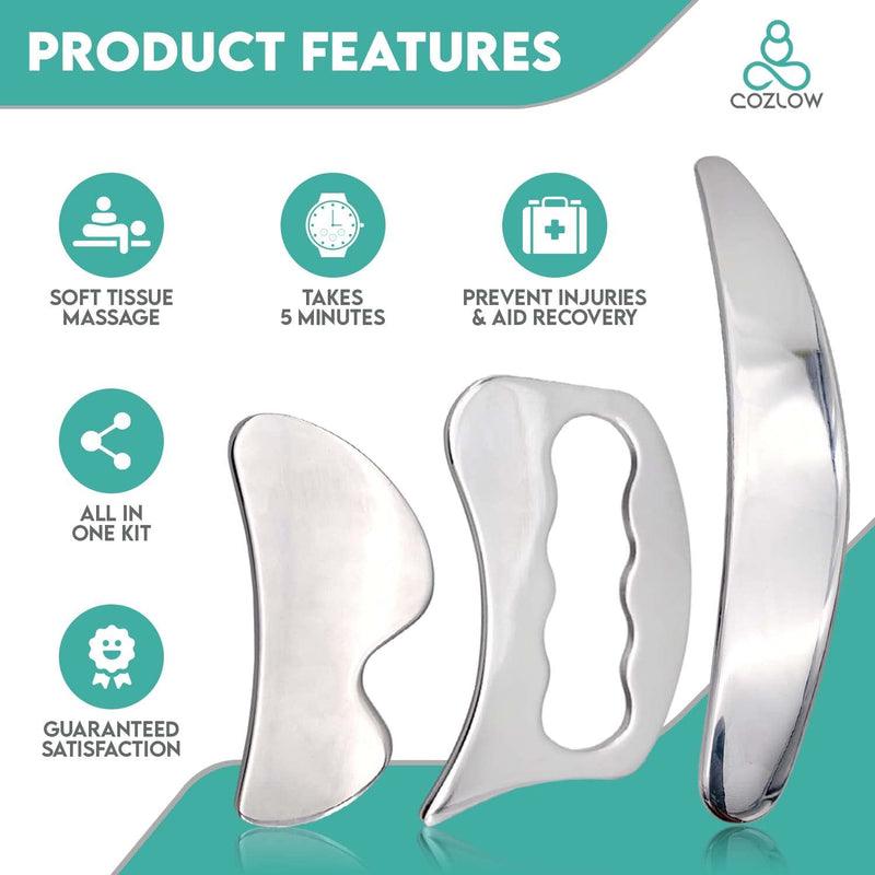 [Australia] - COZLOW 3-in-1 Muscle Scraper Tool Set - Skin Scraping Massage Tools for IASTM Therapy - Deep Tissue Gua Sha for Soft Tissue Mobilization, Fascia & Myofascial Release - Stainless Steel Metal Blades Style A (3in1) 