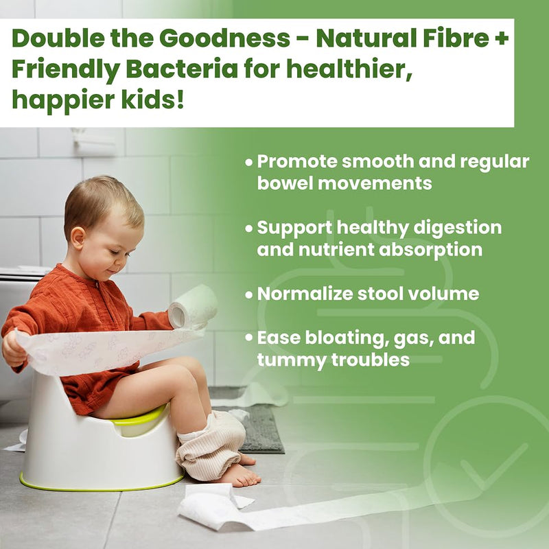 Biogut Bacfibre Kids Psyllium Husk (Ispaghula Husk) Fibre with High Strength 6 Billion Friendly Bacteria - Supports Constipation Relief and Stool Regularity -14 Sugar Free Sachets