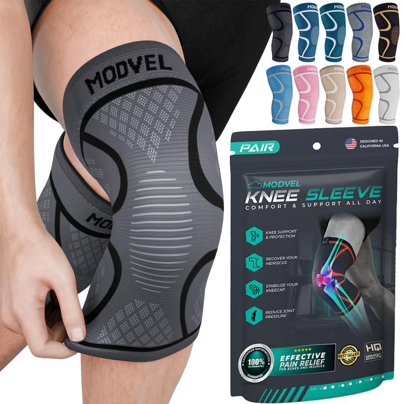 Modvel 2 Pack Knee Brace for Women & Men - Workout Knees Compression Sleeve for Knee Pain Relief Joint Support for ACL, Arthritis, Meniscus Tear Knees Brace for Sports, Rodilleras para Gym Fitness X-Large Black/Grey