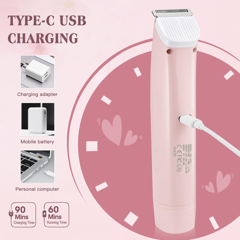 [Australia] - Bikini Trimmer Electric Razors for Women, 2-in-1 Dual-Head Cordless Body Hair Trimmer Facial Hair Removal for Face Lip Chin Pubic Underarm Legs, IPX6 Waterproof, Gifts for Women Pink 