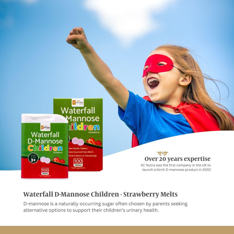 Waterfall D-Mannose for Children Birch D-Mannose & Natural Strawberry Juice for Boys & Girls 3 Years + | 250mg Melts - Melt in the Mouth Tablets – 100 Count
