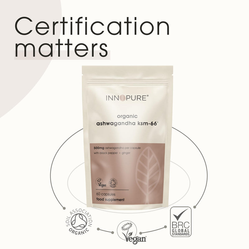 INNOPURE Organic Ashwagandha KSM 66® Pure Fill (No Fillers or Binders) High Strength 500mg of Pure Ashwagandha 5% Withanolides, Organic Ginger & Black Pepper (60 Servings) UK Made