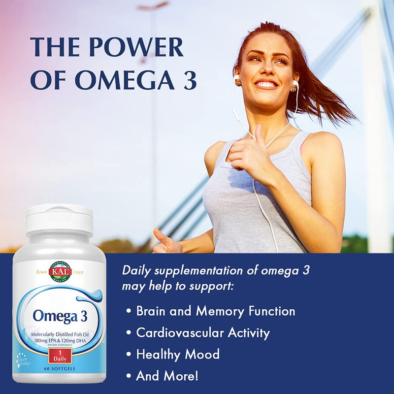 KAL 450/300 Molecularly Distilled Fish Oil Softgels - 1280 mg of Omega 3, Natural Omega 3 Supplement for Men & Women, Non GMO, Lemon Flavored - 120 Count | 1280 mg of Omega 3, Natural Omega 3 Supplement for Men & Women, Non GMO, Lemon Flavored