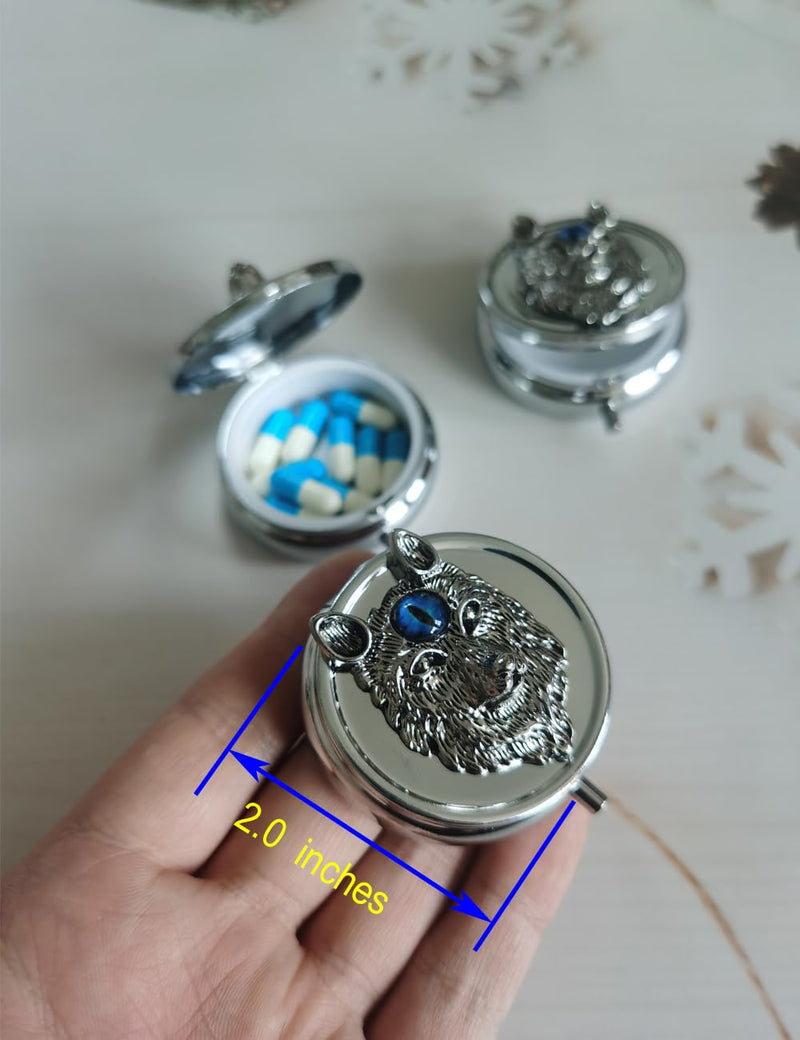 Pill Case with Wolf Head Sign Pill Box, Weekly Travel Pill Organizer | Small Pill Box for Purse, Cute Metal Pill Box Compact Portable Medicine Box, vitamin pill box organizer mini pill case Silver