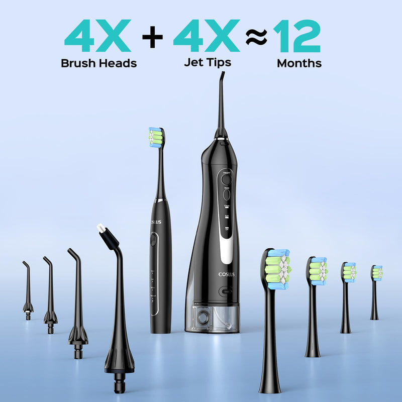 [Australia] - COSLUS Portable Water Flosser with Electric Toothbrush Combo: 2-in-1 Oral Clean Kit for Teeth, Braces, Gums Care - Brushing & Flossing for Adults, Family, Travel Use, BPA-Free, Black, C20 & C41 