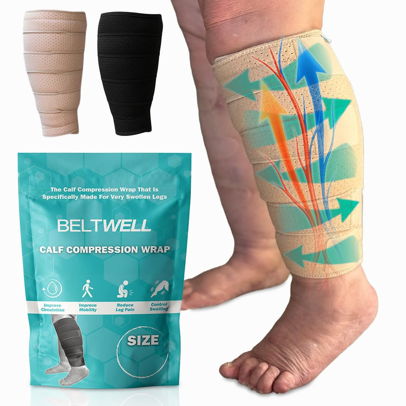 Beltwell® Adjustable Lymphedema Calf Compression Wrap for Swelling, Edema, Lipedema, Circulation, Heaviness, Pain - Easy to put on XL - TALL Beige