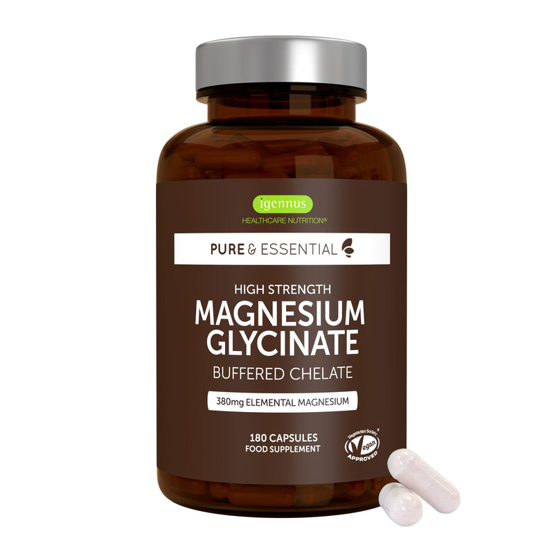 Igennus Chelated Magnesium Glycinate for High Strength Formula for Sleep & Relaxation, 380mg Elemental Magnesium, 100% NRV Per 2 Capsules, Gentle & High Absorption, 180 Vegan Capsules, Clean Label