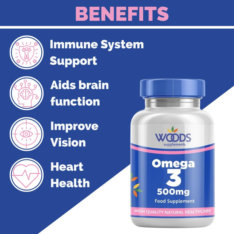 Woods Supplements - Omega 3 Pure Fish Oil 500mg Capsules (180x). High Strength Omega 3 with EPA & DHA. Sustainably Sourced. Essential Fatty Acids for Heart, Brain & Immune Boost. Fish Oil Supplements 180