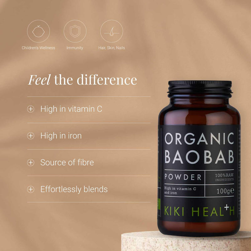 KIKI Health 100% Raw Organic Baobab Powder - Rich in Vitamin C, High Fibre & Antioxidants - Made in the UK, Vegan, Supports Healthy Skin, Digestion & Blood Sugar, Ideal for Smoothies & Juices -100 g