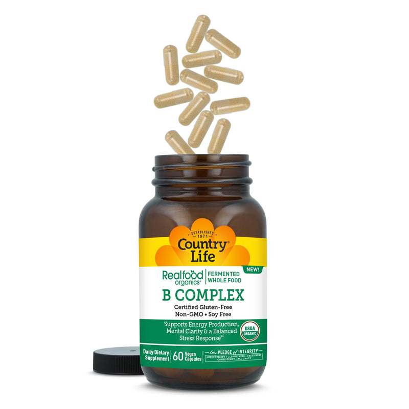 Country Life Realfood Organics B Complex, 60 Vegan Capsules | Fermented whole food formula with 8 B vitamins and 27 superfoods supports energy production and mental clarity