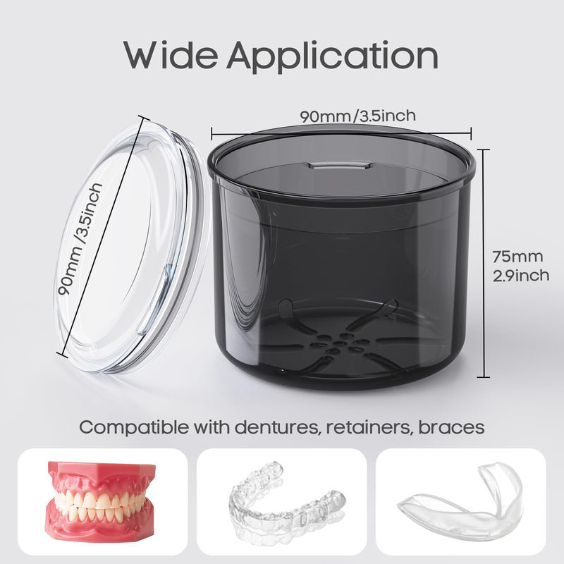 Denture Case, Denture Bath Cup with Brush, Denture Container Cups for Soaking Dentures, Retainers, Mouth Guard Storage Case, Denture Cleaning Holder Box - Black