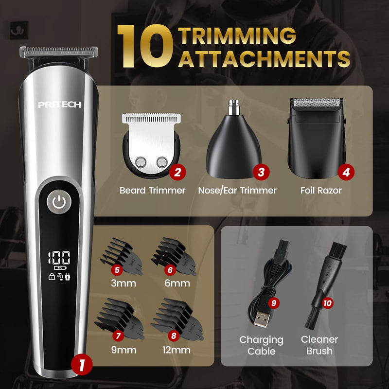 [Australia] - PRITECH Beard Trimmer for Men, 3 in 1 Hair Clipper for Men, Nose Hair Trimmer, Micro Shaver, Men's Grooming Kit, Wireless Electric LED Display, IPX6 (Silver) 