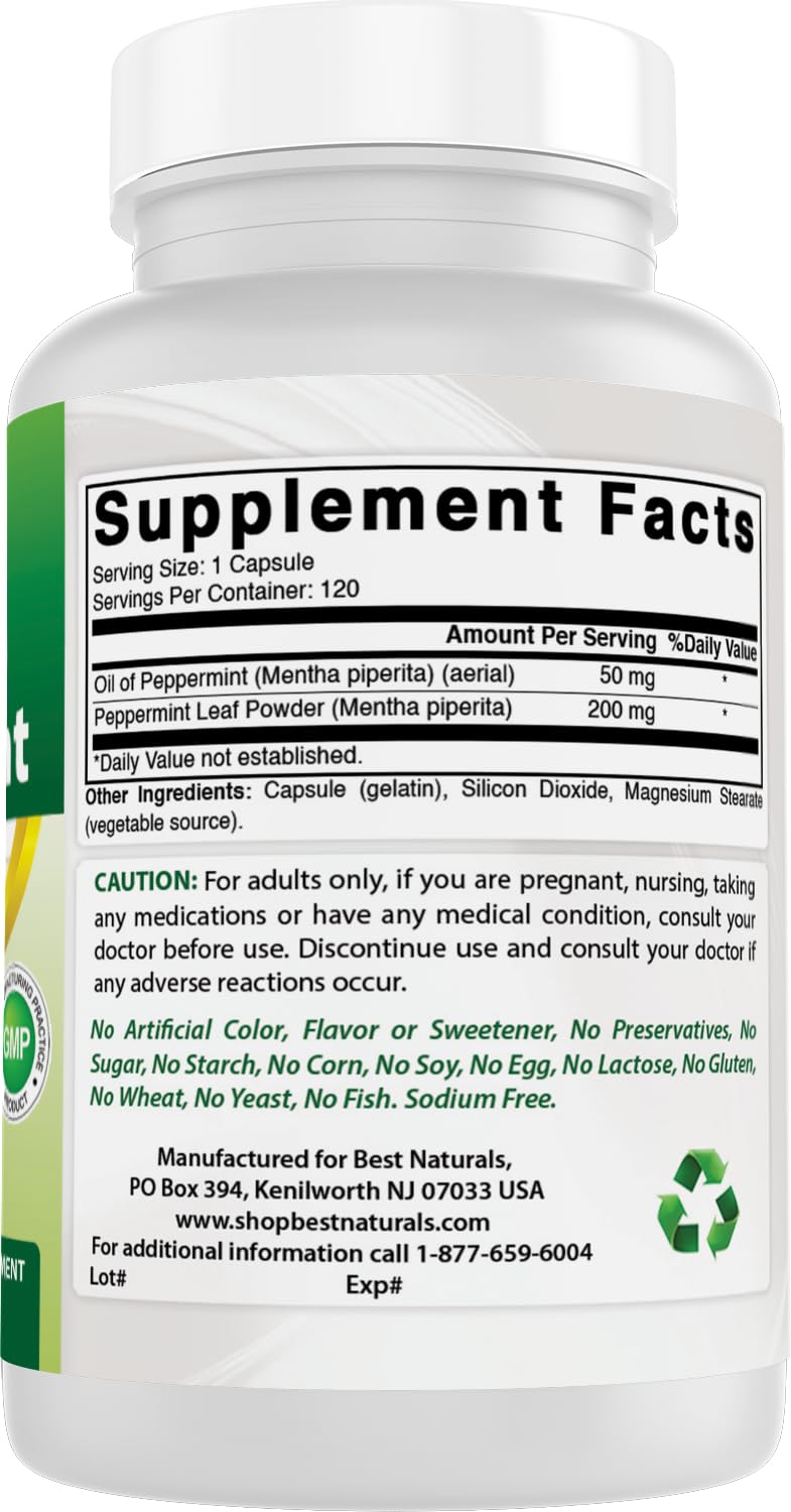 [Australia] - Best Naturals Peppermint Oil Bowel Soothing Dietary Supplement, 250 mg, 120 Count 120 Count (Pack of 1) 