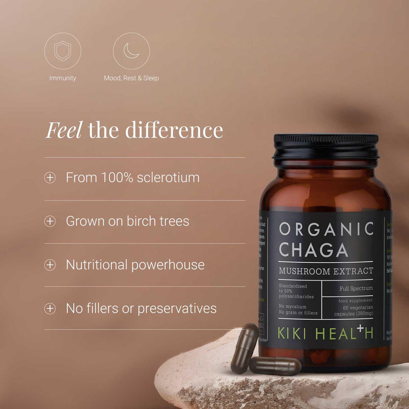 KIKI Health Premium Organic Chaga Mushroom Extract Vegetarians | Immune Support Vitality & Balance | Sourced Birch Trees & 50% Polysaccharides | Ethically Wild Harvested – 60 Vegetarians Capsules