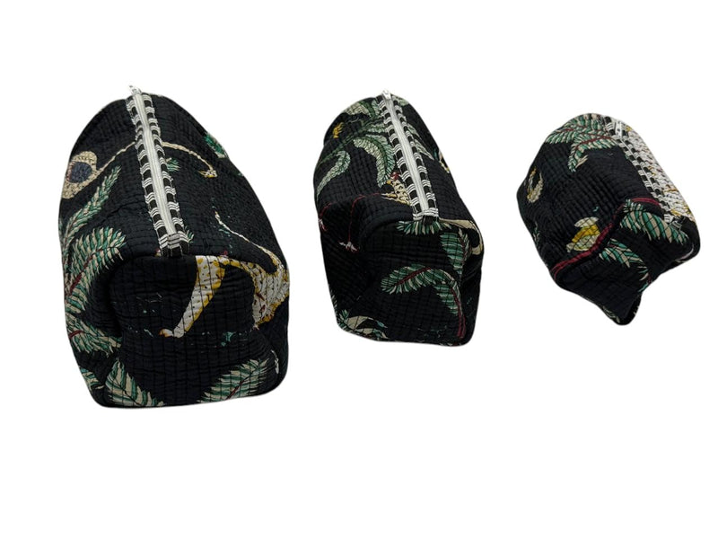 Cotton Hand Block Floral Print Toiletry Bag for Women, Makeup Cosmetic Organizer, Travel Accessories Set of 3 (black-jungle) black-jungle