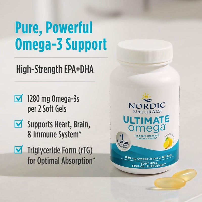 Nordic Naturals Ultimate Omega, Lemon Flavor - 90 Soft Gels - 1280 mg Omega-3 - High-Potency Omega-3 Fish Oil Supplement with EPA & DHA - Promotes Brain & Heart Health - Non-GMO - 45 Servings | High-potency Omega-3 Fish Oil with EPA & DHA supports brai...