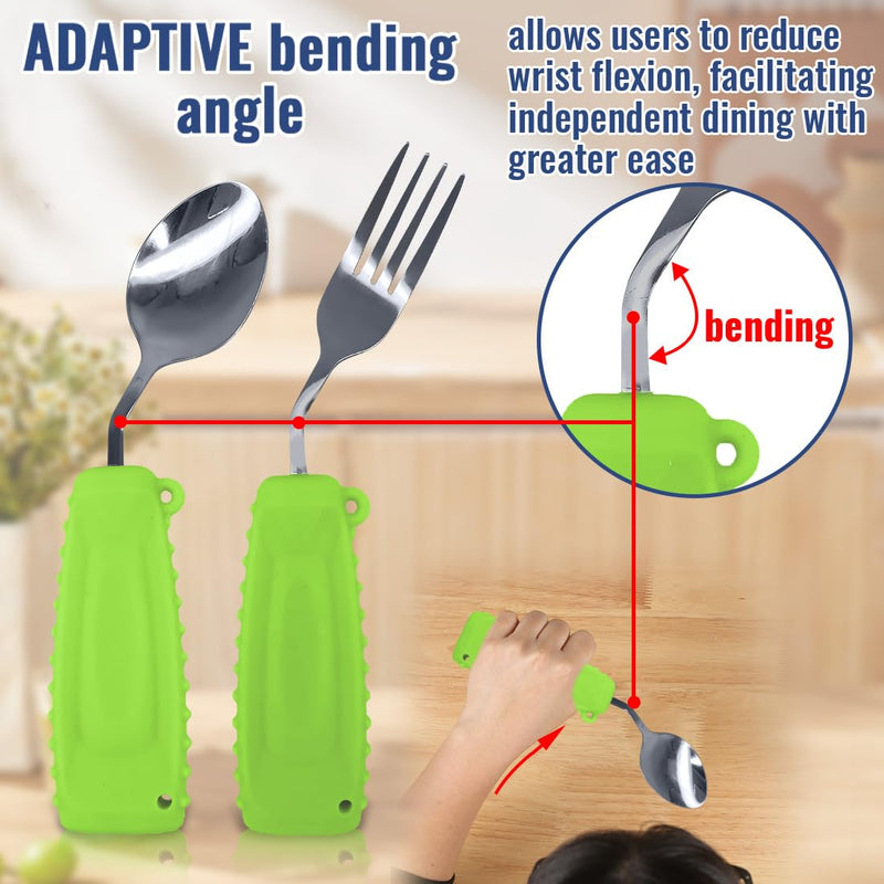 Adaptive Easy Grip Cutlery Set for Arthritic Hands - Spoon and Fork for Tremors, Parkinson, Disabled and Elderly Adults - Daily Living Assist 1 Set Green Left Hand