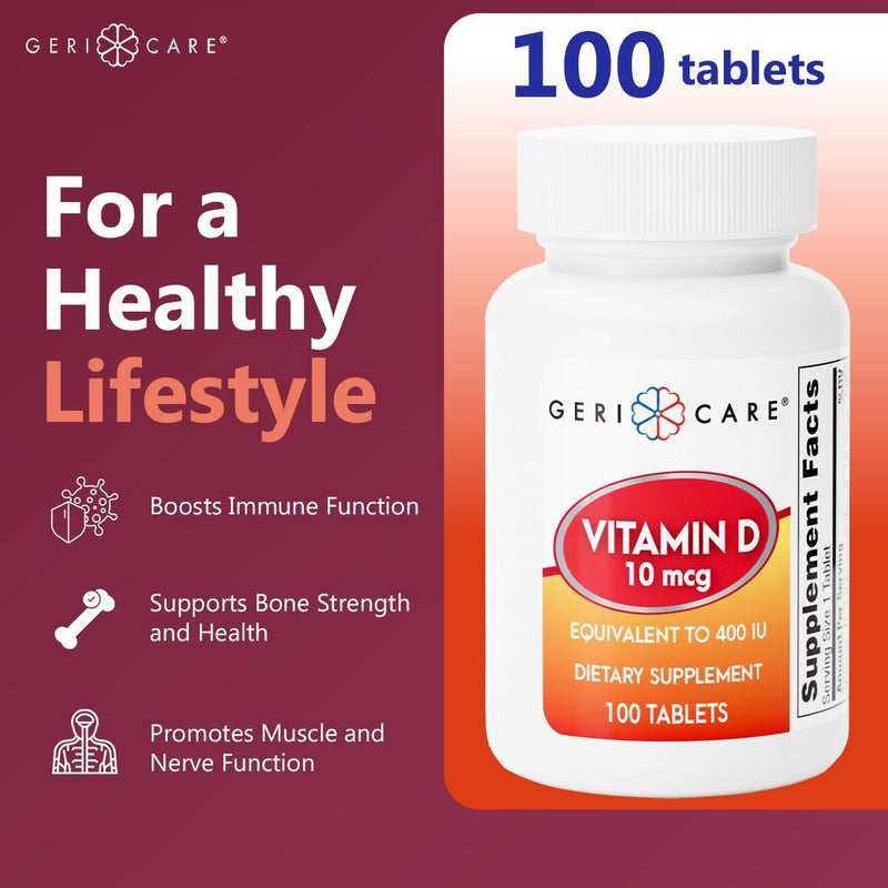 GeriCare Vitamin D-3 (10 mcg 400 IU) & Calcium (25 Mg) Dietary Supplement Tablets – Essential Bone Health, Muscle Function & Immune Support – 100 Count (Pack of 1) 100 Count (Pack of 1) Vitamin D 10mcg