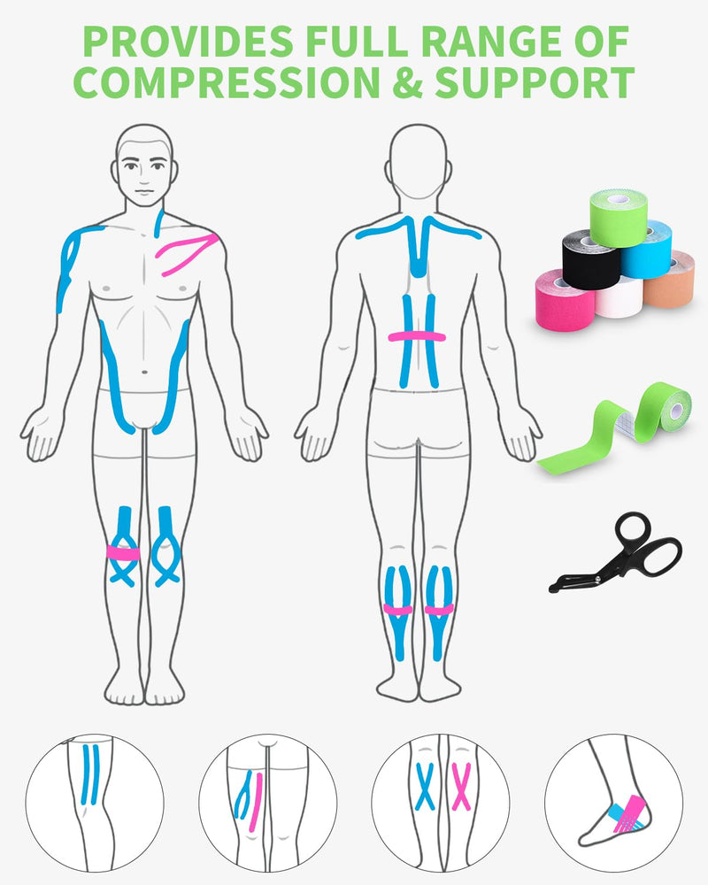 [Australia] - TIDEVAN 6 rolls of sports tape (5 m x 5 cm) kinesio tapes, skin-friendly tapes, kinesiology tape with special scissors, waterproof kinesio tape for knees, shoulders and elbows, muscle-tightening tapes 