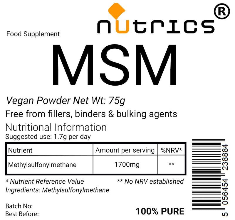 MSM Methylsulfonylmethane Sulphur Sulfur Supplement 75g Vegan Powder - Free from fillers, Binders & Bulking Agents 1 count (Pack of 1)