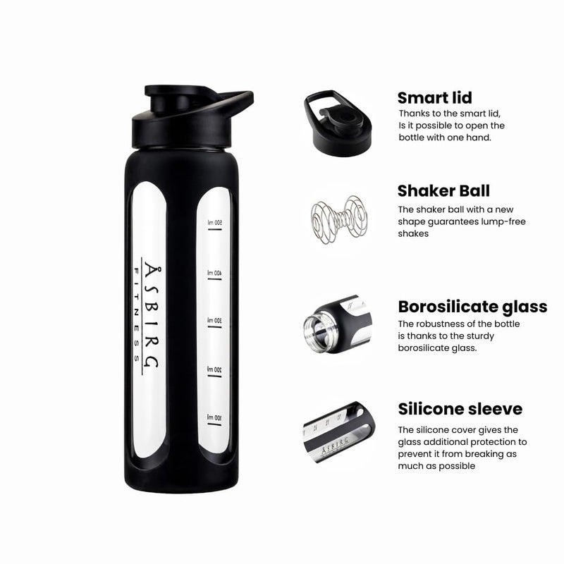 [Australia] - Asbirg Fitness | Glass protein shaker | Protein Shaker | Drinking bottle | with spiral ball| BLACK 