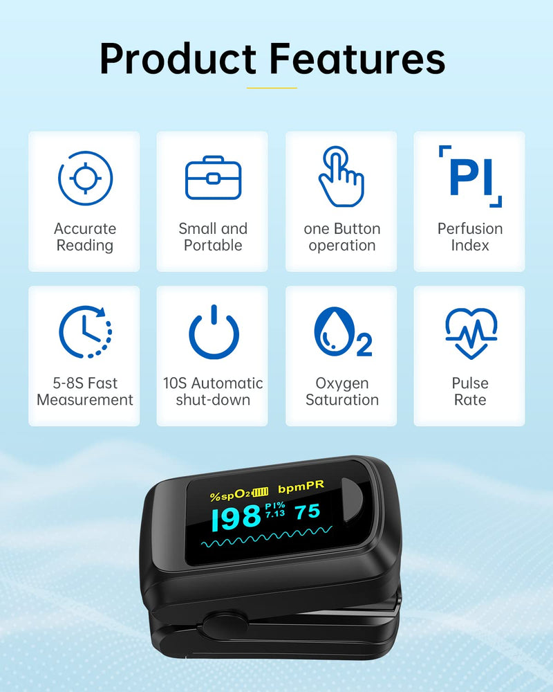 Fingertip Pulse Oximeter Blood Oxygen Monitor Pulse Ox, Heart Rate and Fast Spo2 Reading Oxygen Meter with OLED Screen Included Batteries and Lanyard black