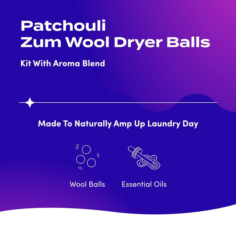 [Australia] - Indigo Wild Zum Laundry Dryer Balls Kit - Wool Laundry Balls for The Dryer - Essential Oil Spray - Reusable Drying Balls for Laundry - Patchouli - (3 Dryer Balls, 1 Aroma Blend) 