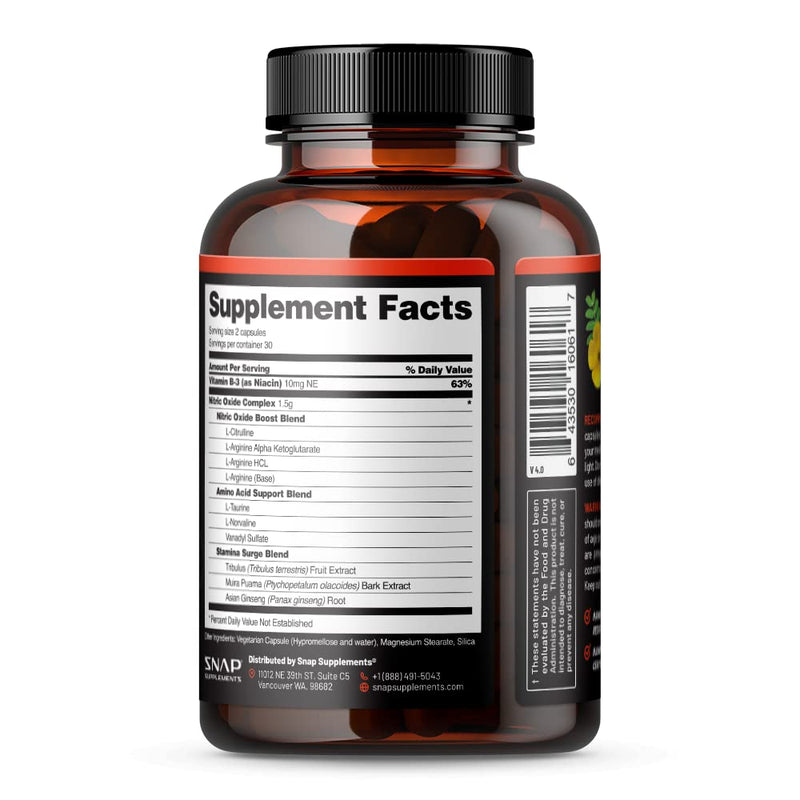 [Australia] - Snap Supplements Nitric Oxide Booster, Nitric Oxide Supplement for Blood Circulation and Blood Flow, 60 Capsules 