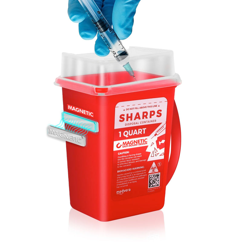 [Australia] - Disposable Sharps Container with Magnet for Easy Mounting, Leak-Proof, Portable, Wall-Mountable, Self Fasteners, 1 Quart for Needles and Syringes, Safe Medical Supplies, Travel Size Biohazard 1PK (1 Quarts) 