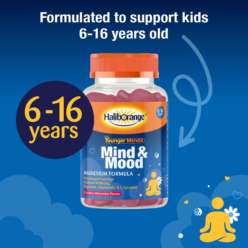 Haliborange YoungerMinds Mind & Mood Gummies for Kids 6–16 | Sugar-Free Daily Supplement with Magnesium, L-Tyrosine, Thiamin & Chamomile | Supports Focus, Calm & Emotional Balance – 60 Gummies