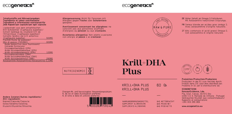 [Australia] - ECOGENETICS - Krill Oil + DHA Plus 60 soft capsules | Premium source of Omega 3 (415mg per capsule) for cardiovascular health | Brain Booster Ideal for concentration & memory 