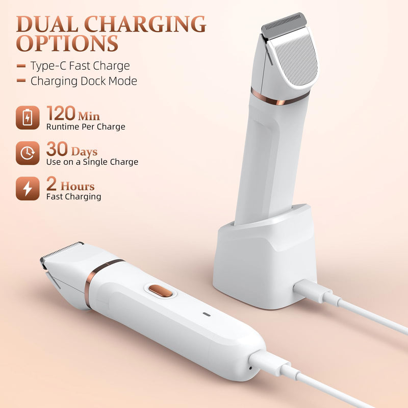 [Australia] - 5-in-1 Bikini Trimmer for Women, IPX7 Waterproof Electric Razors Shaver, Cordless Body Hair Trimmer, Facial & Pubic Hair Removal, Ceramic Blade (White) A-white 
