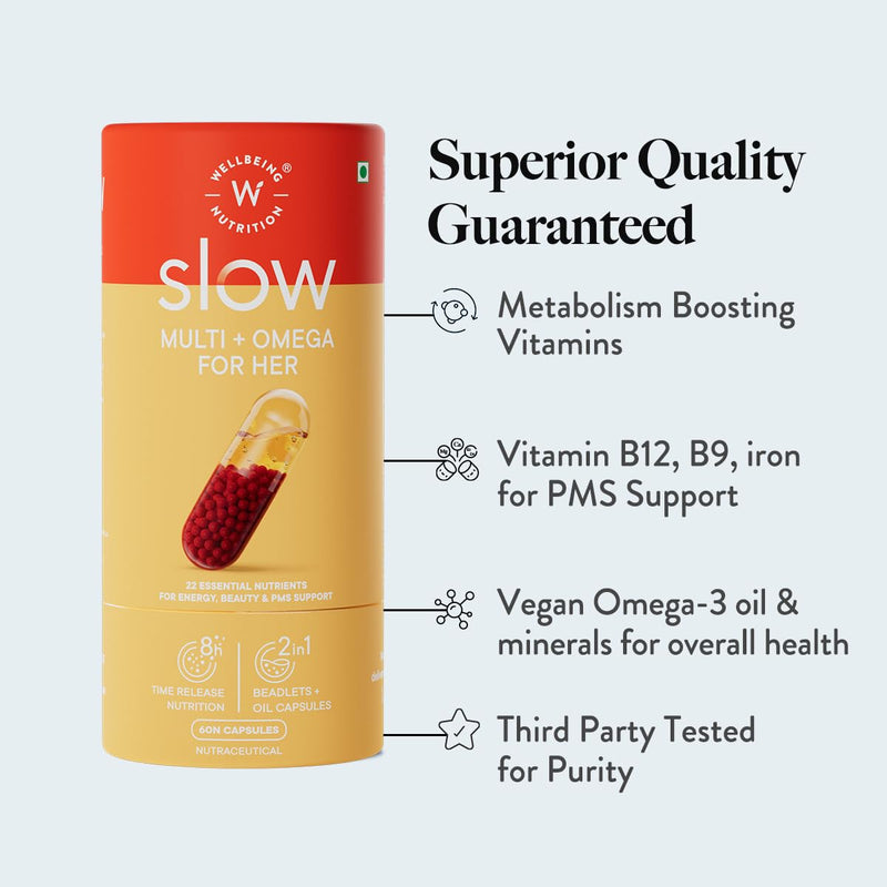 WELLBEING NUTRITION Slow Multi + Omega for Her Multivitamin Capsule for Women | Vegan Omega-3 Oil, B-Complex, Antioxidant Blend for her