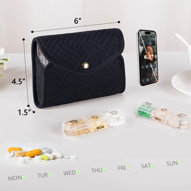 BAGSFY Weekly Pill Organizer 3 Times a Day in a Cute Fabric Pill Case, Medicine Pill Organizer, Pill Box, Portable Travel Pill Case, Pill Container for Medication, Vitamins, Fish Oils, Supplements Black